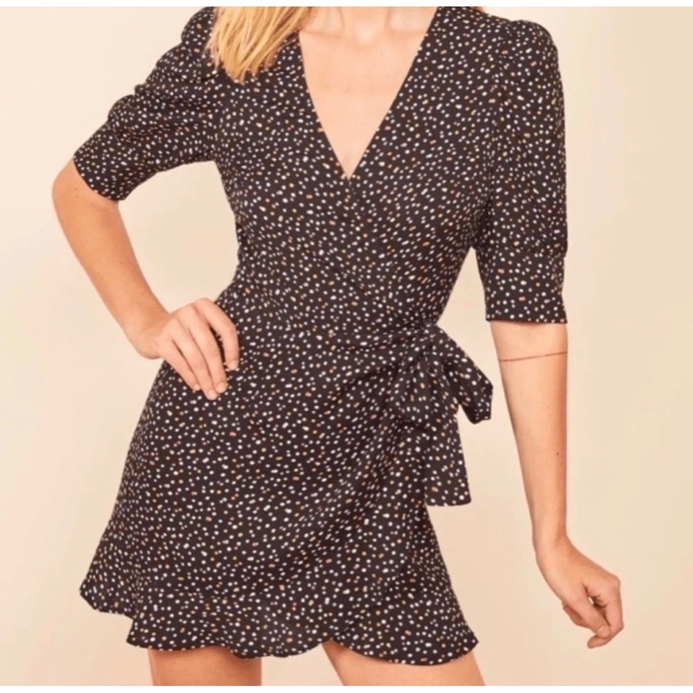 Reformation Deanna Wrap Dress Women S Black Confetti Print Mini V-Neck Ruffle
